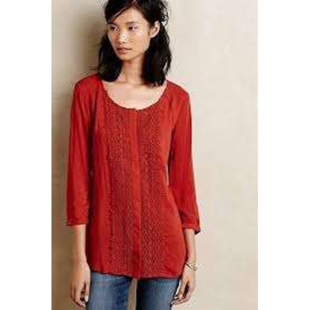 Maeve Anthropologie Red Blouse Top Embroidered Lace Front Tunic Peasant